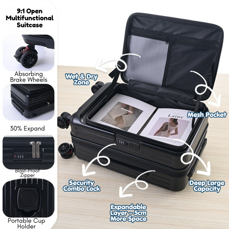 Side‑Open Expandable Suitcase – Zipper Expandable, 1/9 Split (Midnight Black) (TR-HARD-0100)