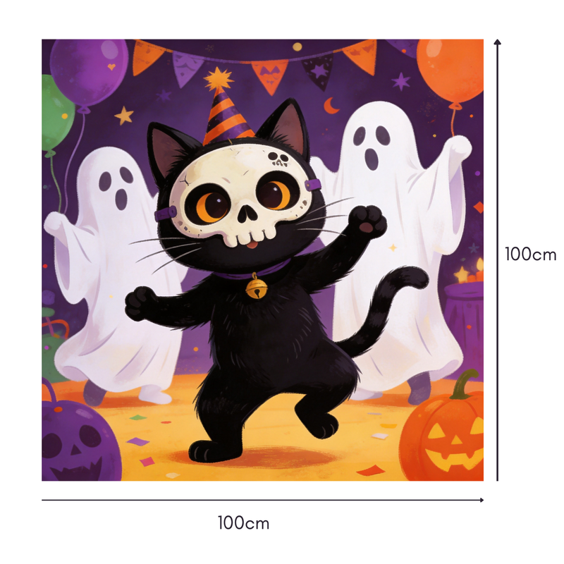 Skeleton Dance Party Mahjongg Mat – Halloween Cat & Ghost Decor (MJ-MT-HW-0006)