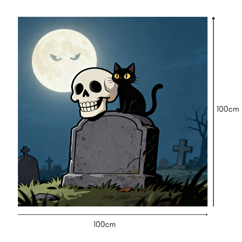 Moonlit Skull Cat Mahjongg Mat – Halloween Graveyard Scene (MJ-MT-HW-0003)