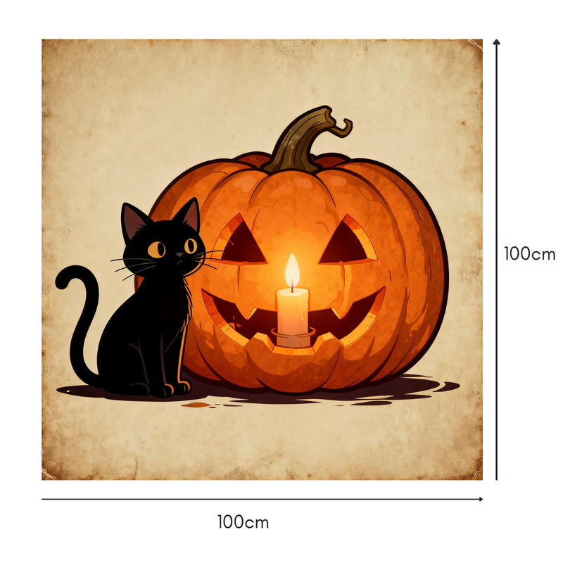 Cat & Lantern Vintage Mahjongg Mat – Halloween Black Cat & Jack‑o’‑Lantern (MJ-MT-HW-0012)