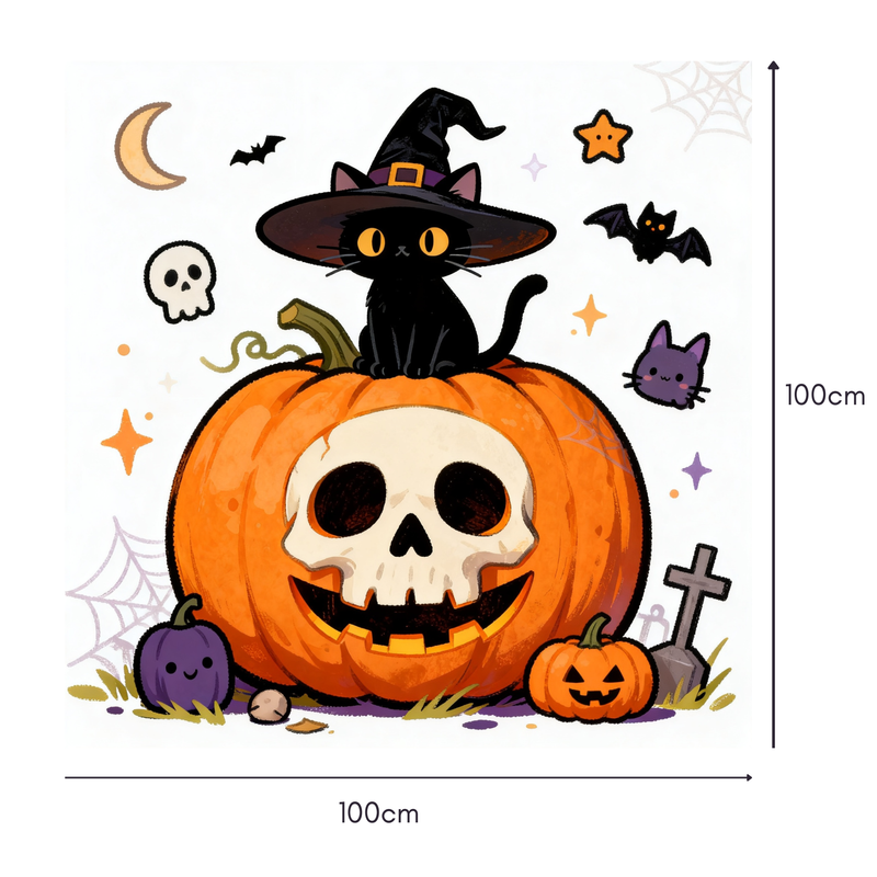 Witch's Pumpkin Mahjongg Mat – Halloween Cat & Skull Pumpkin Decor (MJ-MT-HW-0002)