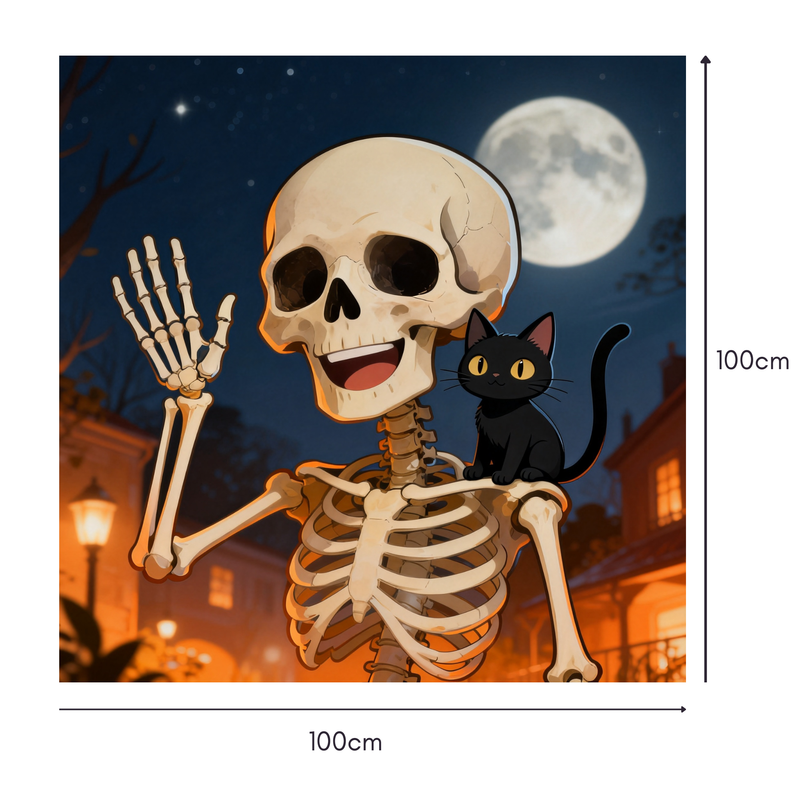 Skeleton & Cat Moonlight Mahjongg Mat – Cheerful Halloween Town Scene (MJ-MT-HW-0018)