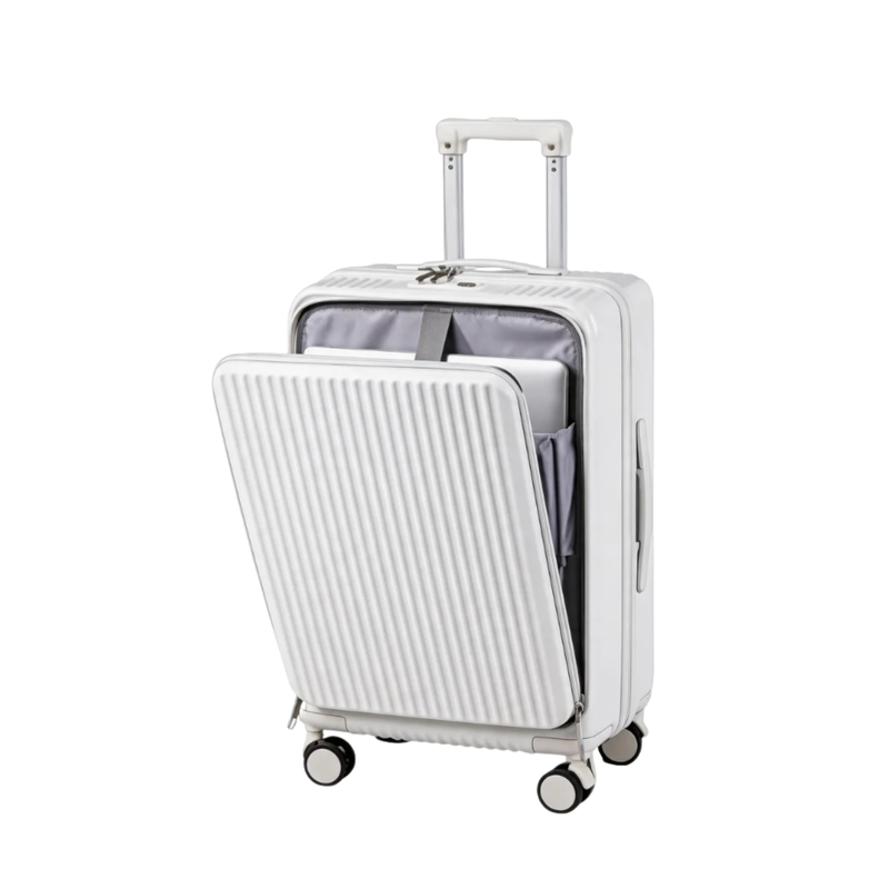 Front-Opening Multi-Functional Suitcase – Thickened Hardshell Luggage with USB Charging Port & Spinner Wheels (White) (TR-HARD-0074)
