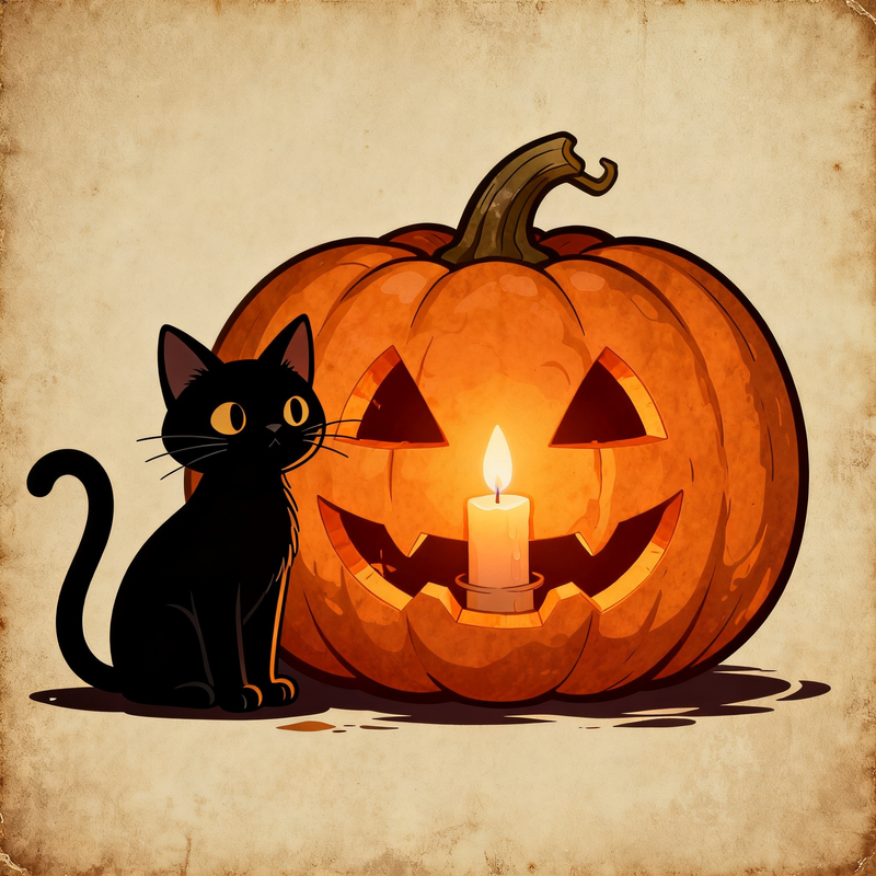 Cat & Lantern Vintage Mahjongg Mat – Halloween Black Cat & Jack‑o’‑Lantern (MJ-MT-HW-0012)