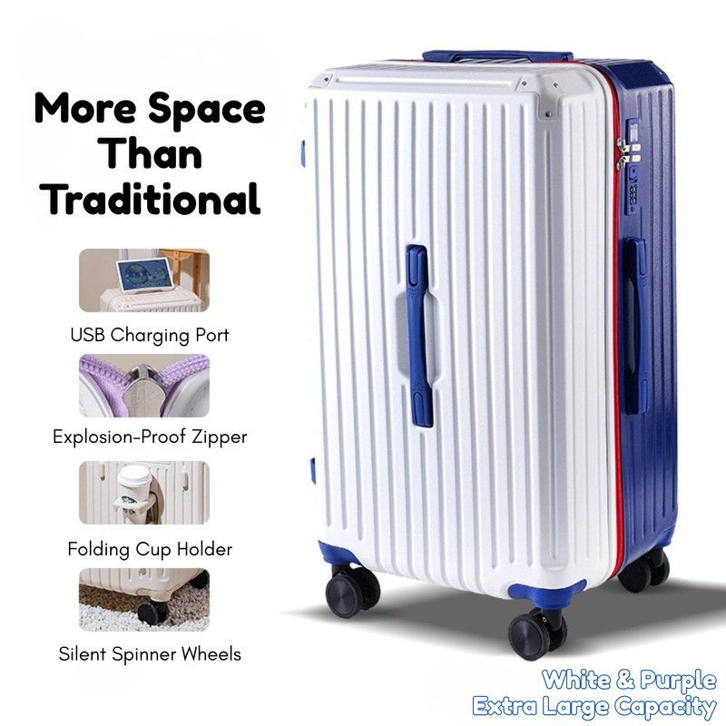 Large Capacity Durable Thickened Luggage – Anti-Burst Zipper & Spinner Wheels Travel Suitcase (White & Blue) (TR-HARD-0013)