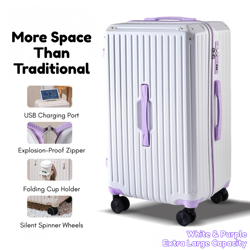 Large Capacity Durable Thickened Luggage – Anti-Burst Zipper & Spinner Wheels Travel Suitcase (White & Purple) (TR-HARD-0014)