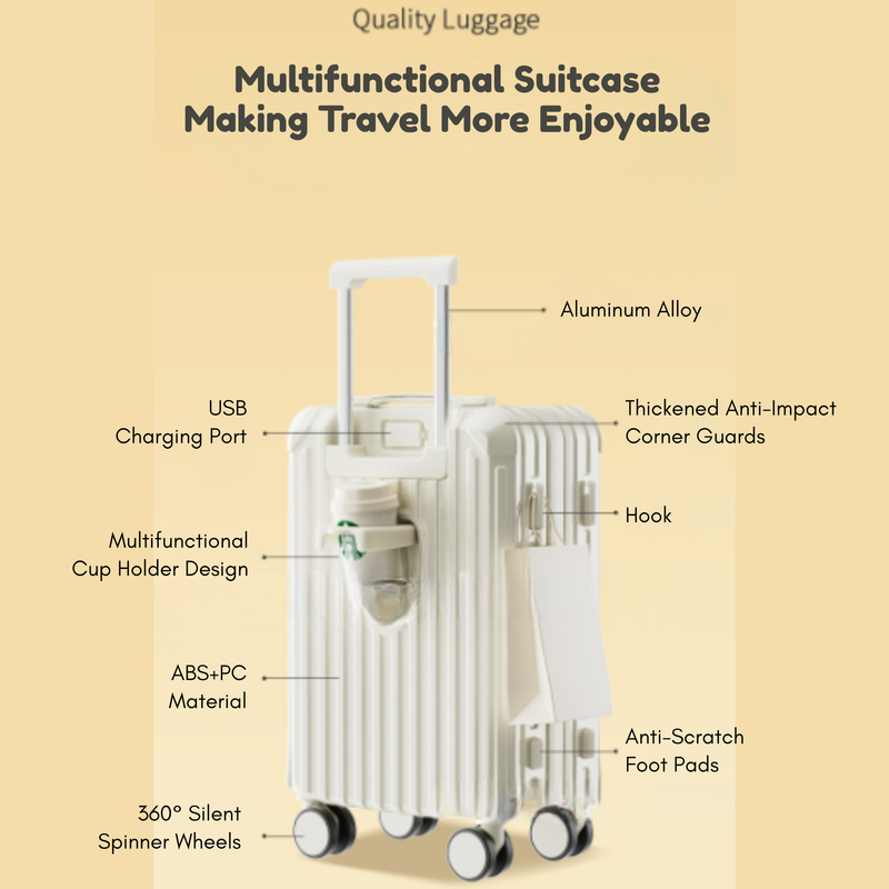 Candy Color Multifunctional Suitcase – Cup Holder & USB (White) (TR-HARD-0068)