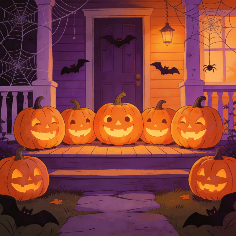 Porch Pumpkin Party Mahjongg Mat – Halloween Porch Scene with Glowing Pumpkins (MJ-MT-HW-0016)