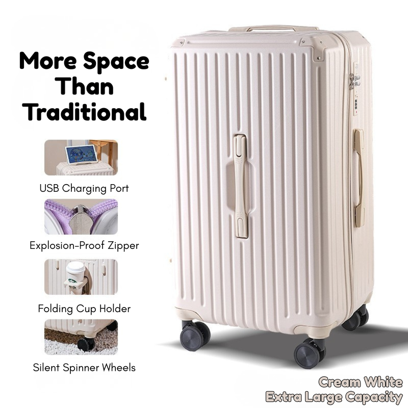 Large Capacity Durable Thickened Luggage – Anti-Burst Zipper & Spinner Wheels Travel Suitcase (Cream White) (TR-HARD-0016)