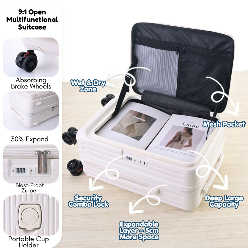 Side‑Open Expandable Suitcase – Zipper Expandable, 1/9 Split (Milky White) (TR-HARD-0091)