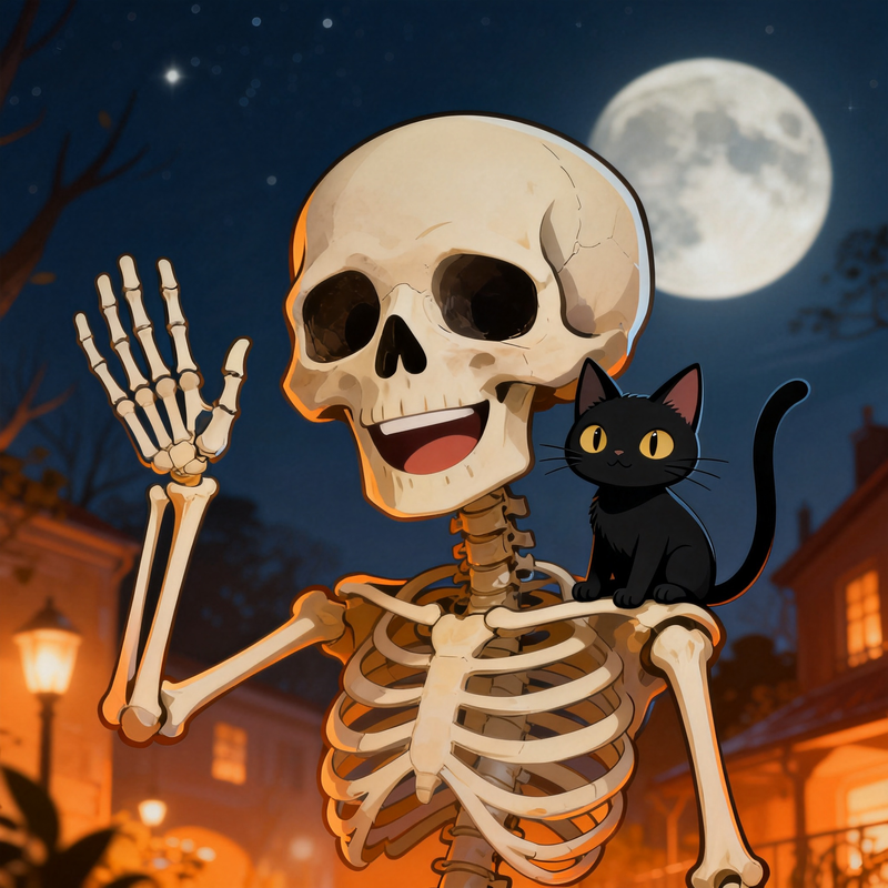 Skeleton & Cat Moonlight Mahjongg Mat – Cheerful Halloween Town Scene (MJ-MT-HW-0018)