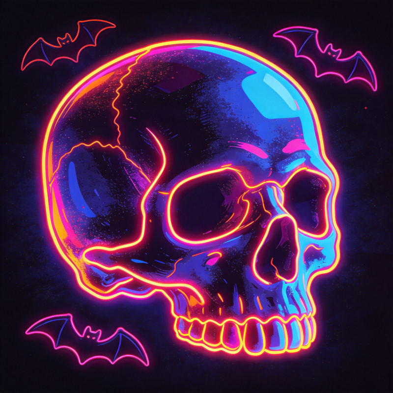 Neon Skull Cyber Mahjongg Mat – Glowing Cyberpunk Halloween Decor (MJ-MT-HW-0019)