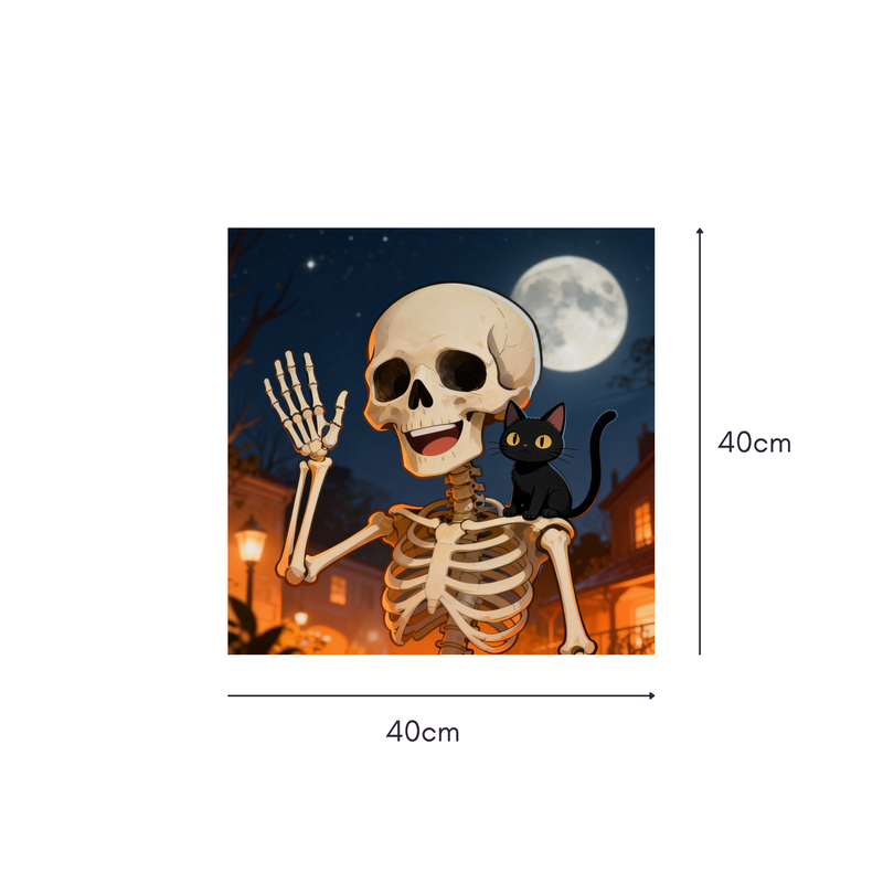 Skeleton & Cat Moonlight Mahjongg Mat – Cheerful Halloween Town Scene (MJ-MT-HW-0018)