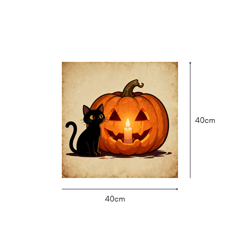 Cat & Lantern Vintage Mahjongg Mat – Halloween Black Cat & Jack‑o’‑Lantern (MJ-MT-HW-0012)