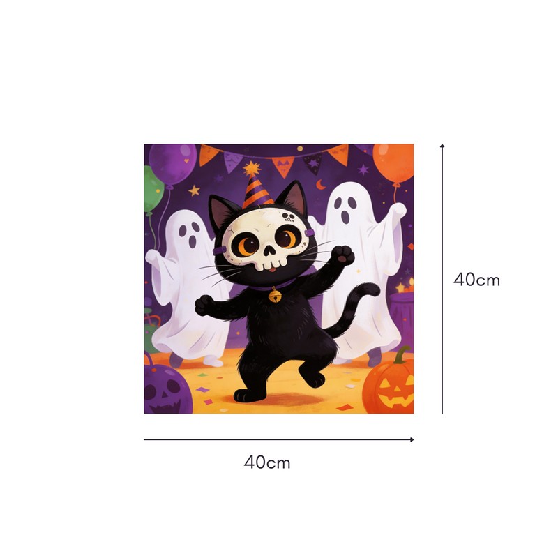 Skeleton Dance Party Mahjongg Mat – Halloween Cat & Ghost Decor (MJ-MT-HW-0006)