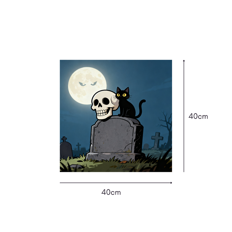 Moonlit Skull Cat Mahjongg Mat – Halloween Graveyard Scene (MJ-MT-HW-0003)