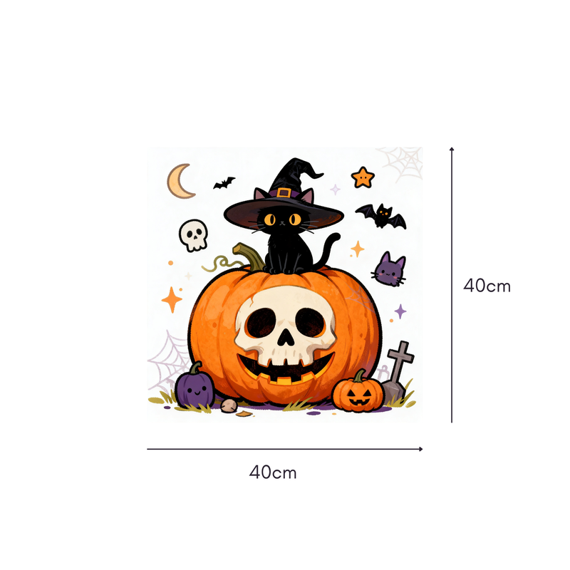 Witch's Pumpkin Mahjongg Mat – Halloween Cat & Skull Pumpkin Decor (MJ-MT-HW-0002)