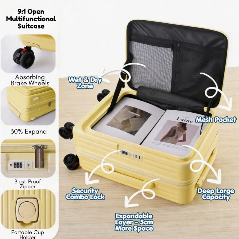 Side‑Open Expandable Suitcase – Zipper Expandable, 1/9 Split (Lemon Yellow) (TR-HARD-0098)