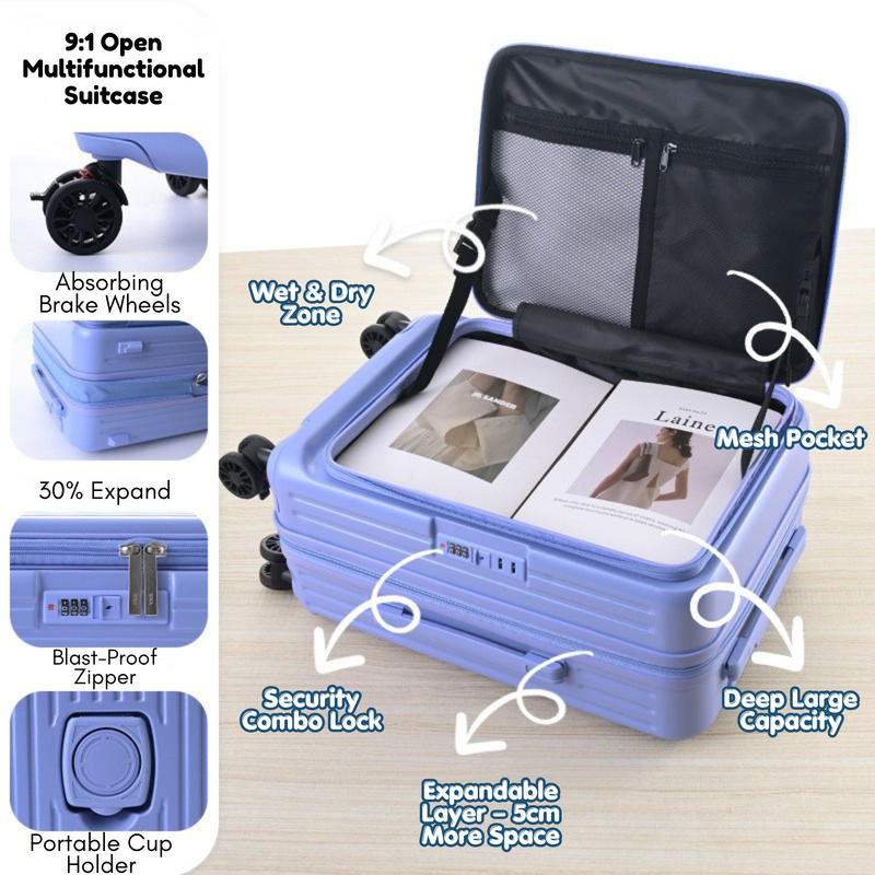 Side‑Open Expandable Suitcase – Zipper Expandable, 1/9 Split (Azure Blue) (TR-HARD-0094)