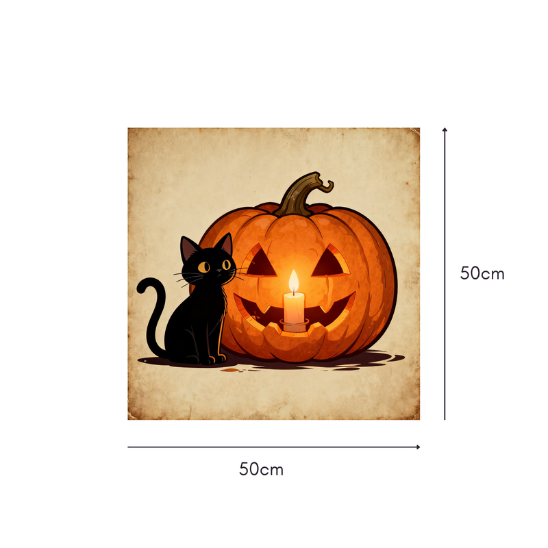 Cat & Lantern Vintage Mahjongg Mat – Halloween Black Cat & Jack‑o’‑Lantern (MJ-MT-HW-0012)