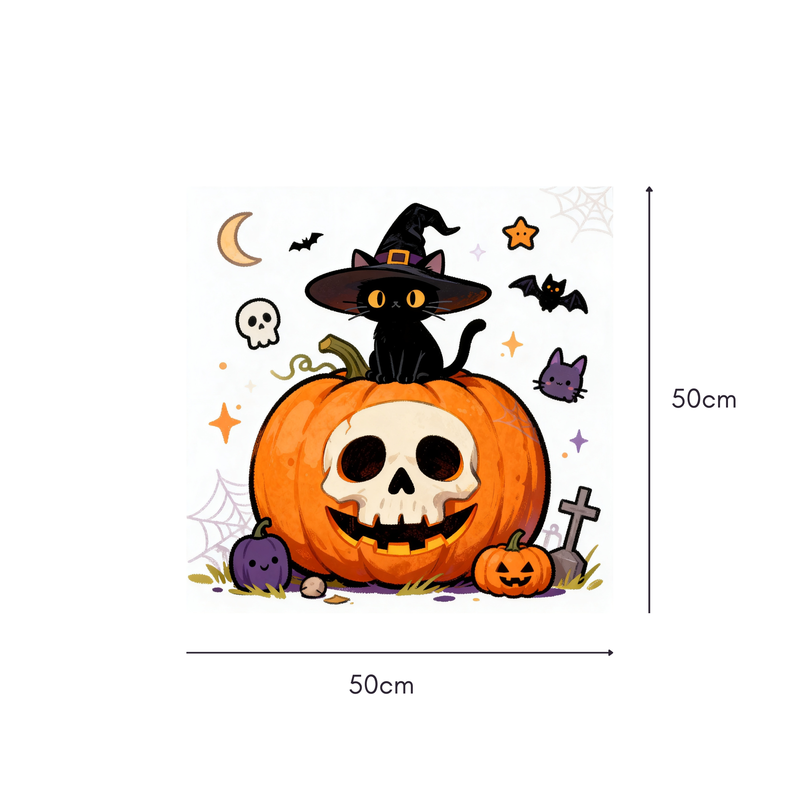 Witch's Pumpkin Mahjongg Mat – Halloween Cat & Skull Pumpkin Decor (MJ-MT-HW-0002)