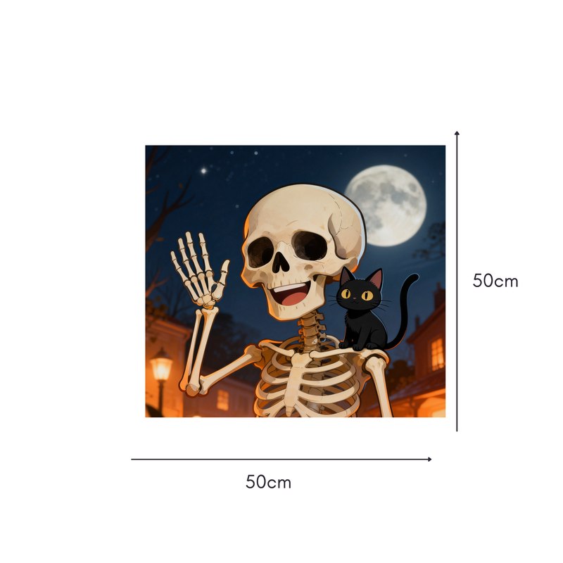 Skeleton & Cat Moonlight Mahjongg Mat – Cheerful Halloween Town Scene (MJ-MT-HW-0018)