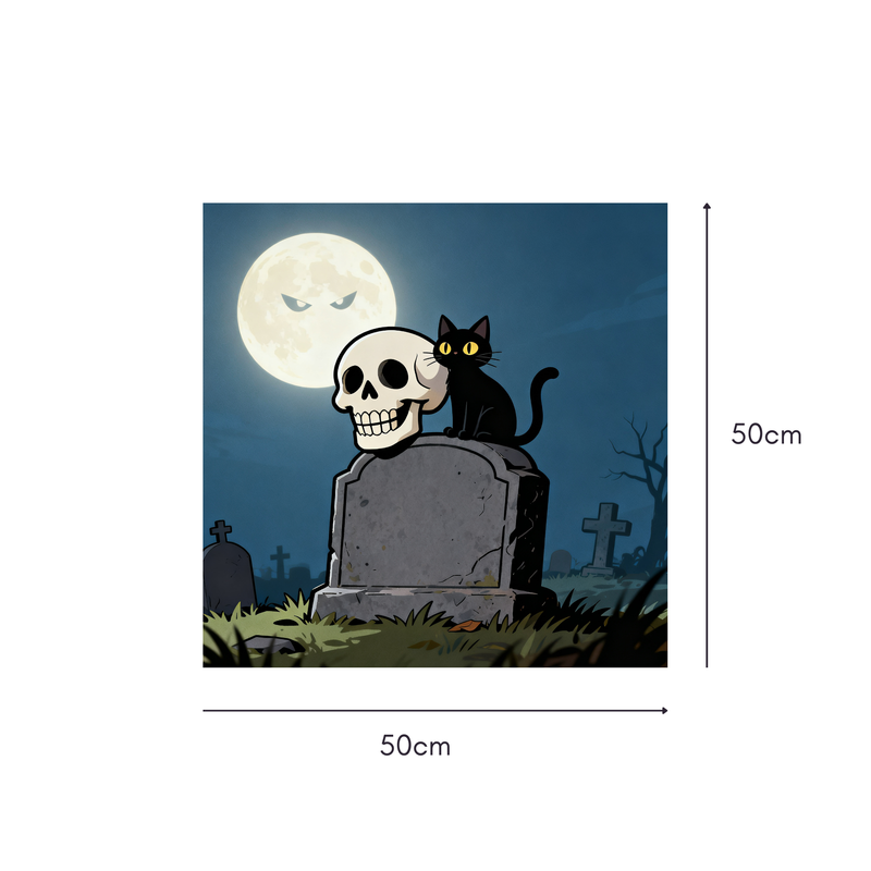 Moonlit Skull Cat Mahjongg Mat – Halloween Graveyard Scene (MJ-MT-HW-0003)