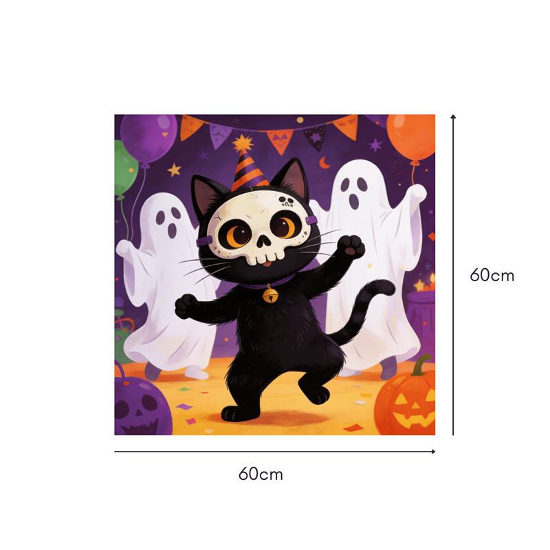 Skeleton Dance Party Mahjongg Mat – Halloween Cat & Ghost Decor (MJ-MT-HW-0006)