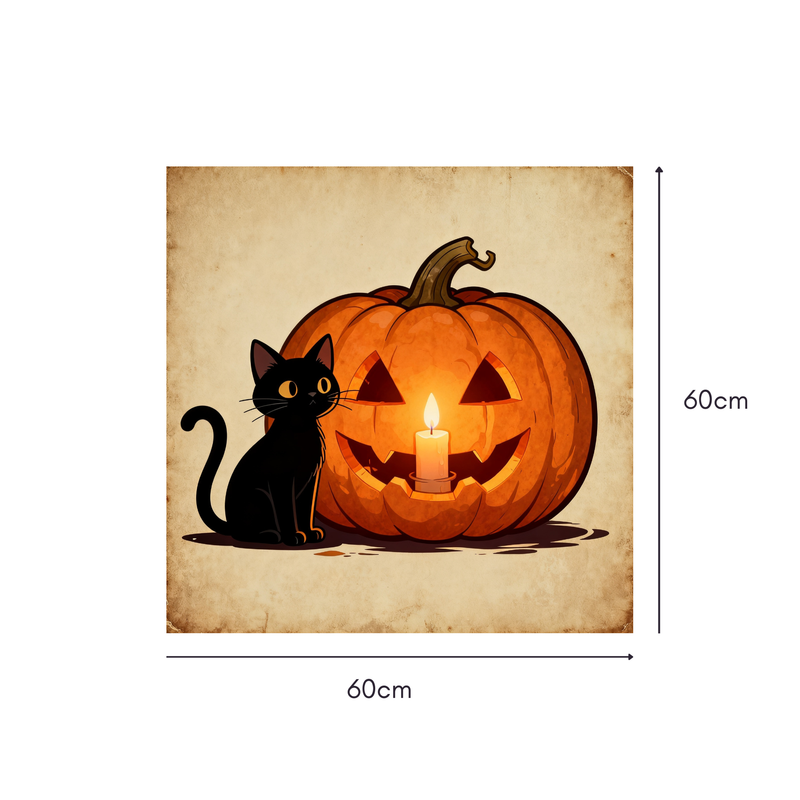 Cat & Lantern Vintage Mahjongg Mat – Halloween Black Cat & Jack‑o’‑Lantern (MJ-MT-HW-0012)