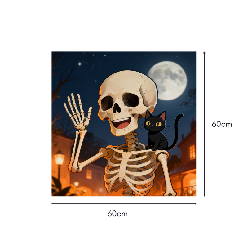 Skeleton & Cat Moonlight Mahjongg Mat – Cheerful Halloween Town Scene (MJ-MT-HW-0018)