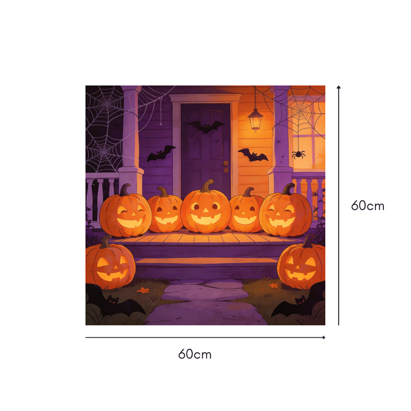 Porch Pumpkin Party Mahjongg Mat – Halloween Porch Scene with Glowing Pumpkins (MJ-MT-HW-0016)