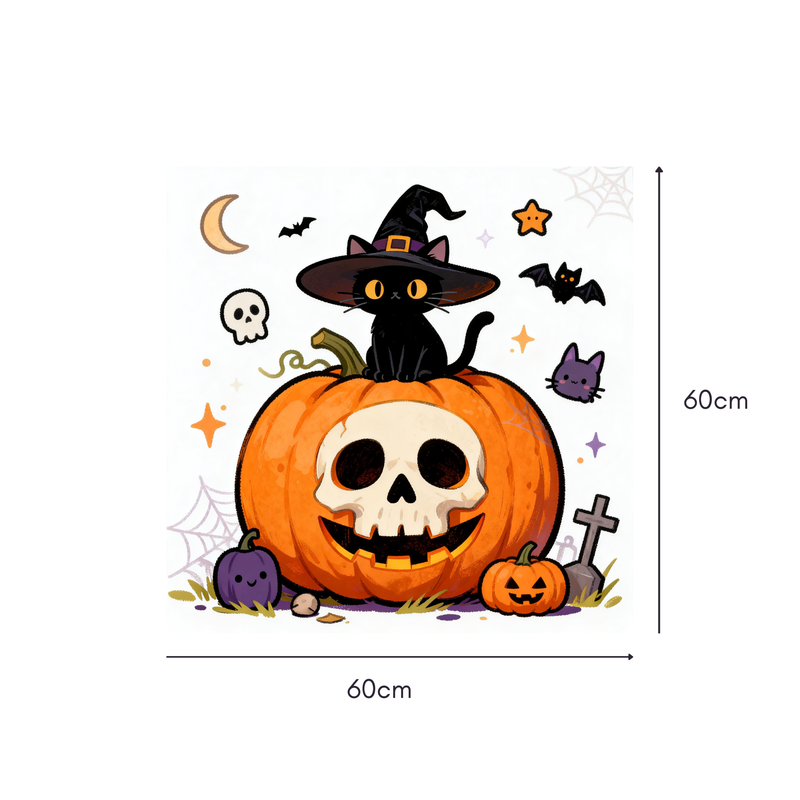 Witch's Pumpkin Mahjongg Mat – Halloween Cat & Skull Pumpkin Decor (MJ-MT-HW-0002)