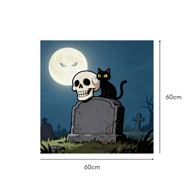 Moonlit Skull Cat Mahjongg Mat – Halloween Graveyard Scene (MJ-MT-HW-0003)
