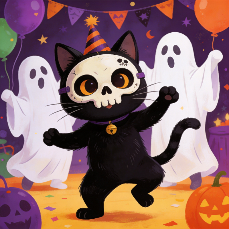 Skeleton Dance Party Mahjongg Mat – Halloween Cat & Ghost Decor (MJ-MT-HW-0006)