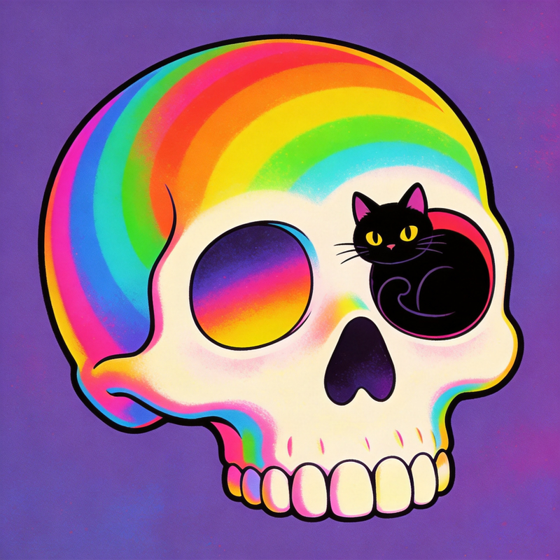 Rainbow Skull Cat Mahjongg Mat – Pop Art Halloween Decor (MJ-MT-HW-0007)