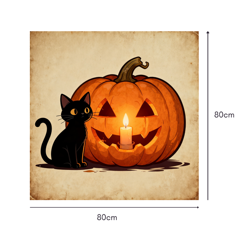Cat & Lantern Vintage Mahjongg Mat – Halloween Black Cat & Jack‑o’‑Lantern (MJ-MT-HW-0012)