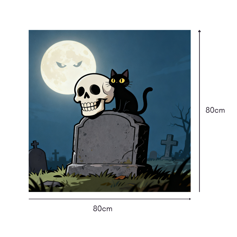 Moonlit Skull Cat Mahjongg Mat – Halloween Graveyard Scene (MJ-MT-HW-0003)