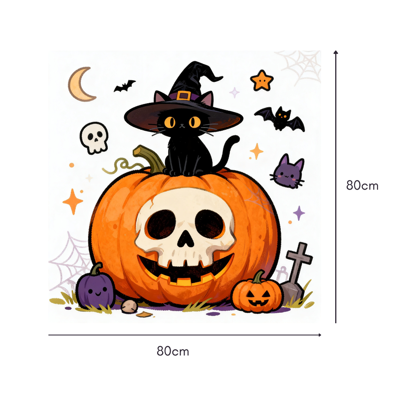 Witch's Pumpkin Mahjongg Mat – Halloween Cat & Skull Pumpkin Decor (MJ-MT-HW-0002)