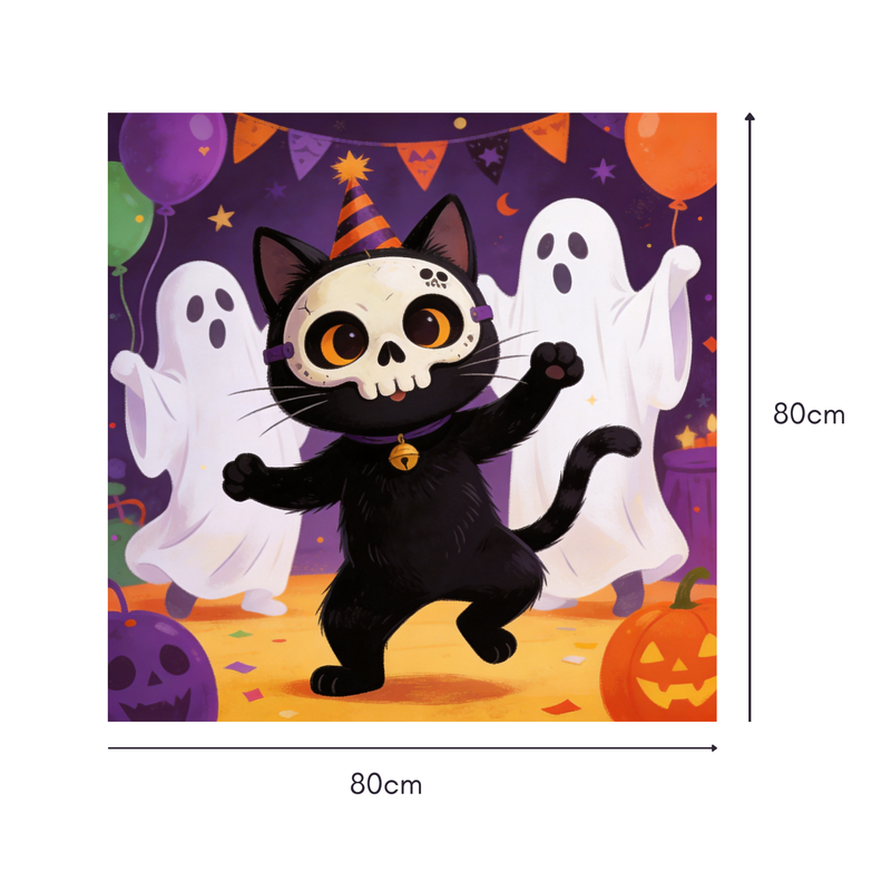 Skeleton Dance Party Mahjongg Mat – Halloween Cat & Ghost Decor (MJ-MT-HW-0006)