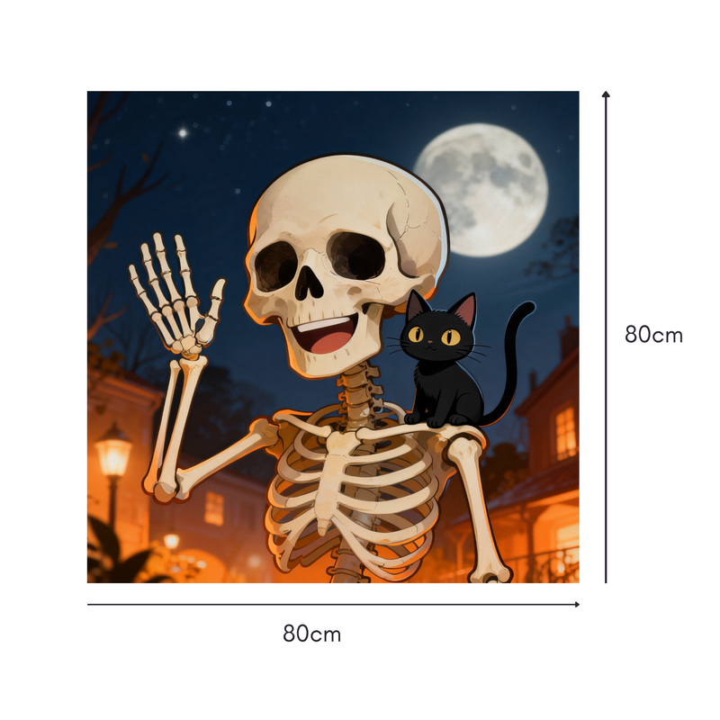 Skeleton & Cat Moonlight Mahjongg Mat – Cheerful Halloween Town Scene (MJ-MT-HW-0018)