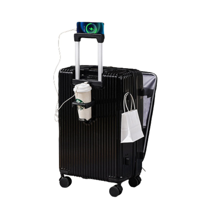 Front-Opening Multifunctional Suitcase – Thickened, USB (Black) (TR-HARD-0078)