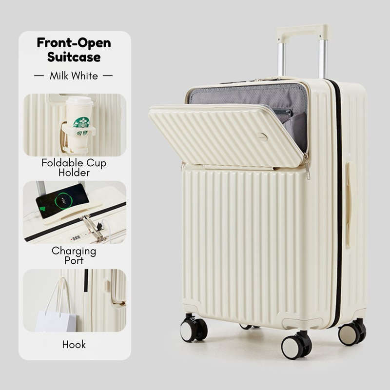 New Large Capacity Suitcase – Front-Opening (Milk White) (TR-HARD-0080)