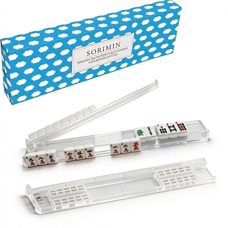 Foldable Integrated Mahjongg Rack and Pusher – Set of 4, Blue White Plaid Gift Box (MJ-RK-0003)