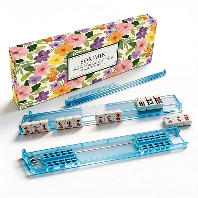 Foldable Integrated Mahjongg Rack and Pusher – Set of 4, Floral Print Gift Box (MJ-RK-0004)