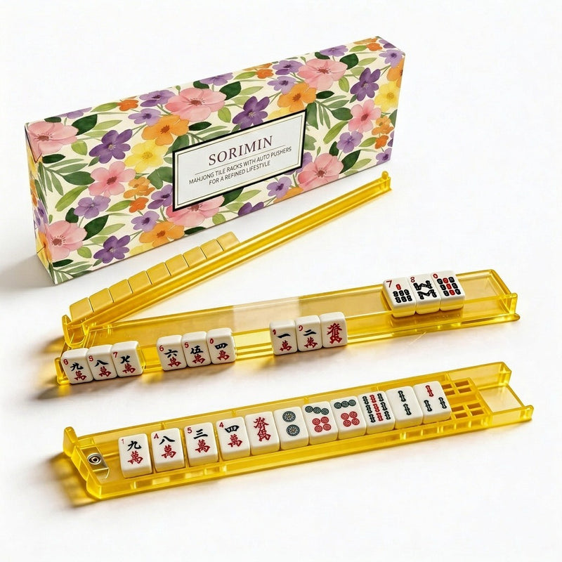 Foldable Integrated Mahjongg Rack and Pusher – Set of 4, Floral Print Gift Box (MJ-RK-0004)