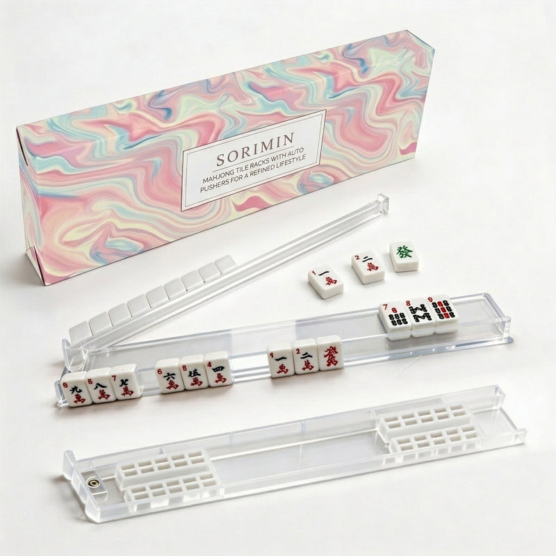 Foldable Integrated Mahjongg Rack and Pusher – Set of 4, Pink Blue Fluid Gift Box (MJ-RK-0005)