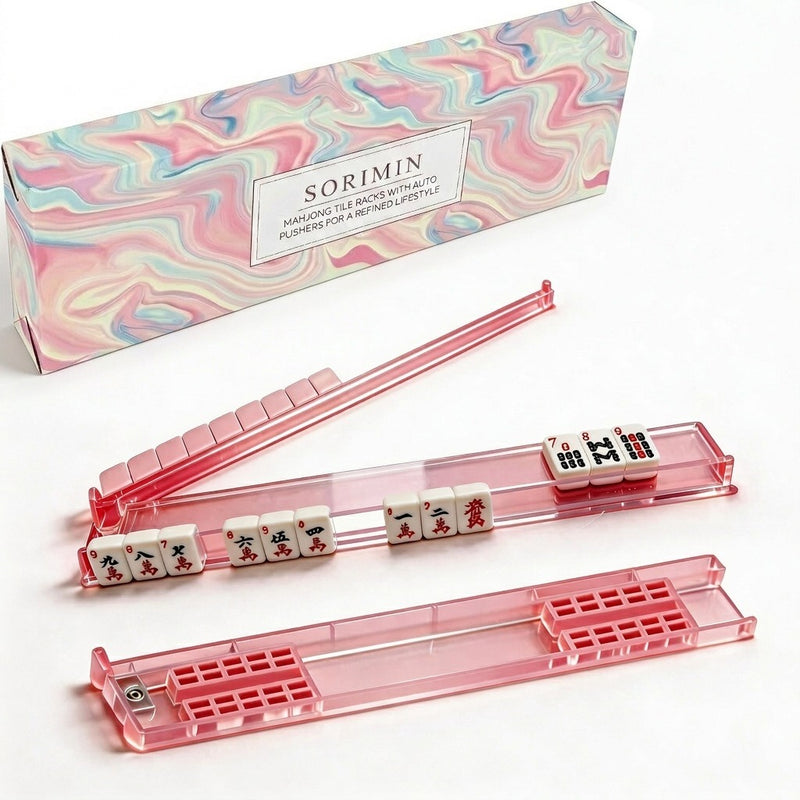 Foldable Integrated Mahjongg Rack and Pusher – Set of 4, Pink Blue Fluid Gift Box (MJ-RK-0005)