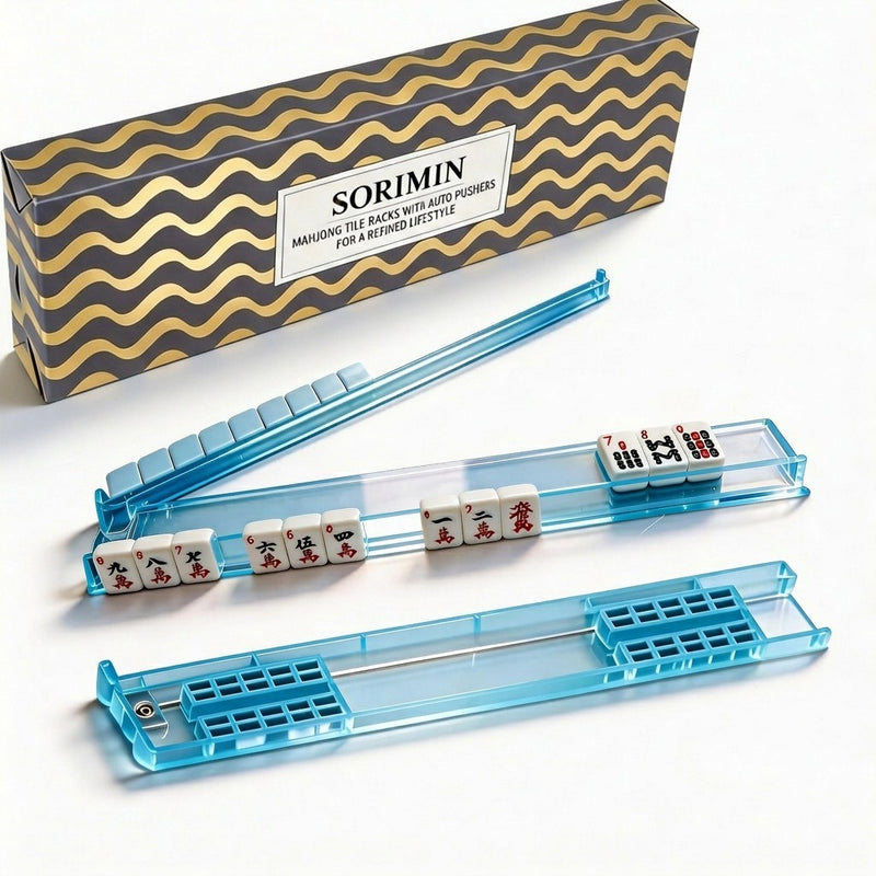 Foldable Integrated Mahjongg Rack and Pusher – Set of 4, Metallic Ripple Gift Box (MJ-RK-0009)