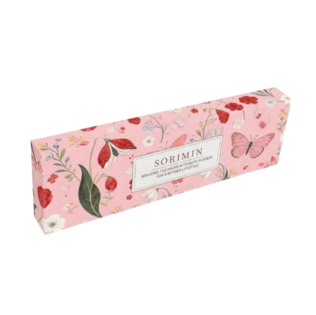Foldable Integrated Mahjongg Rack and Pusher – Set of 4, Pink Butterfly Floral Gift Box (MJ-RK-0011)