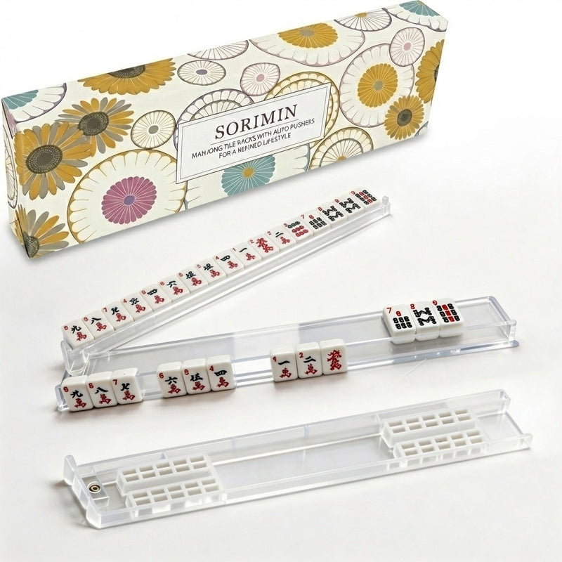 Foldable Integrated Mahjongg Rack and Pusher – Set of 4, Vintage Daisy Gift Box (MJ-RK-0012)
